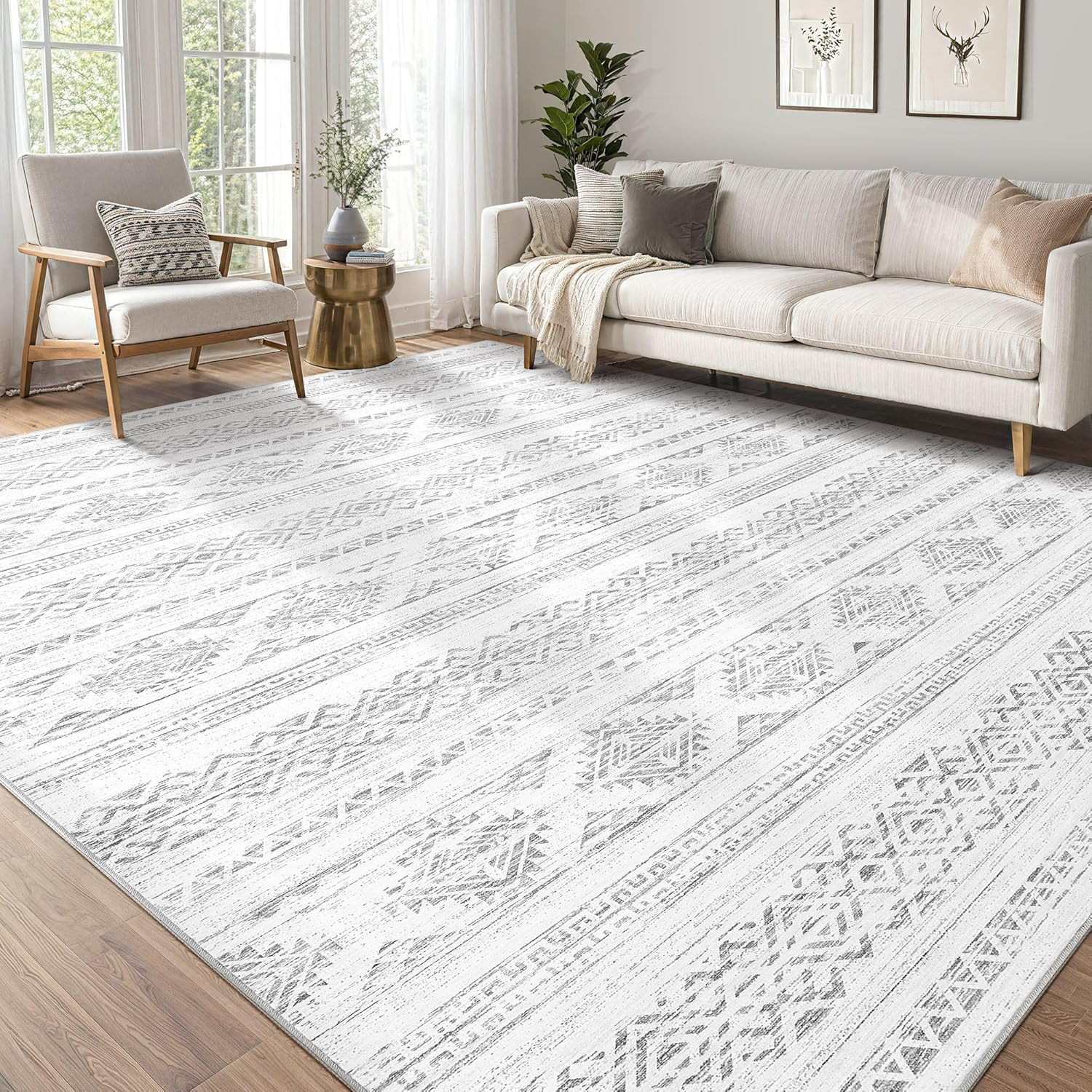 Area Rug Living Room Rugs – 10X14 Washable Large Soft Neutral Boho Moroccan Bohe