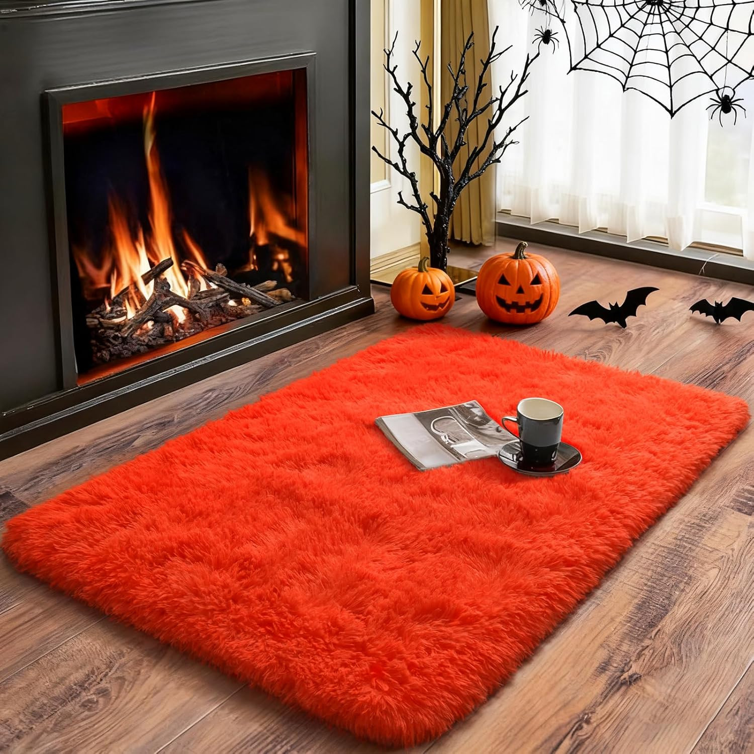 Fluffy Rug Shaggy Area Rug, Orange Red 2×3 Small Rugs for Fireplace Holiday Dear