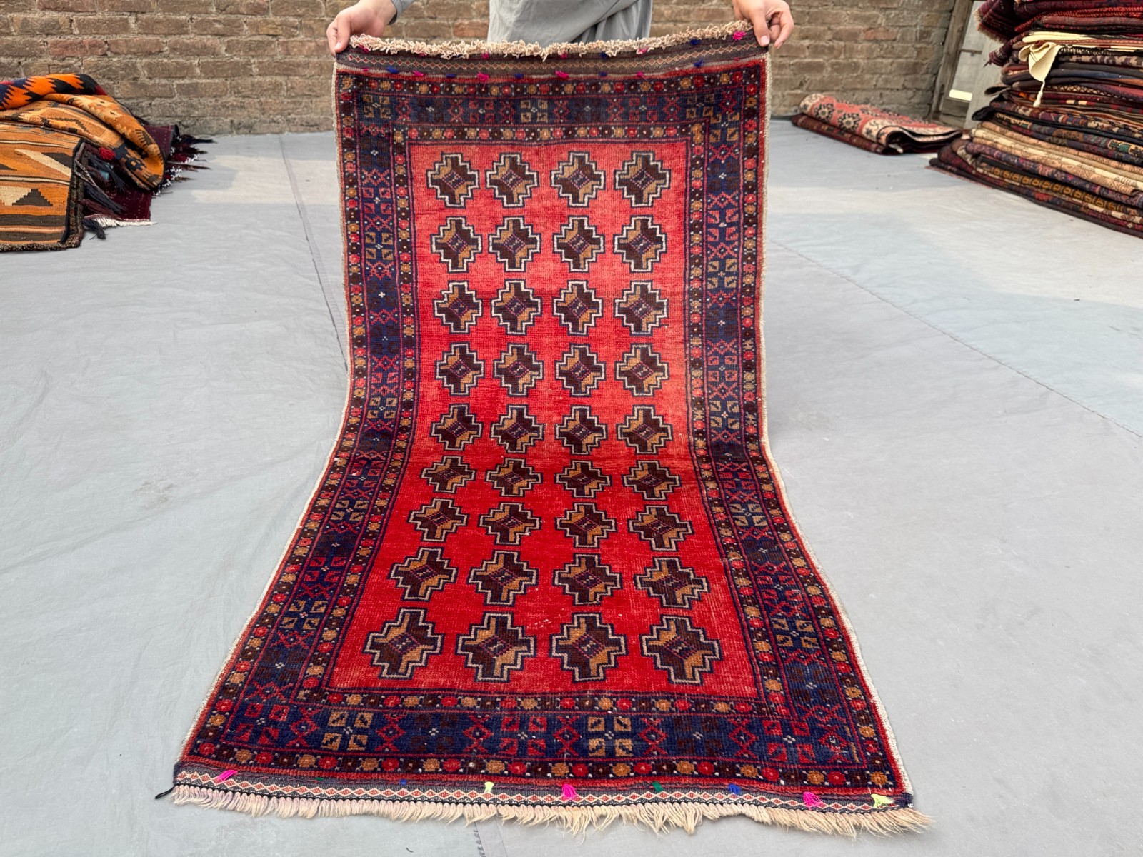 2’8 x 5 Ft Classic Afghan Baluchi Rug Hand Tribal Gul Motif Design Rich Red Wool