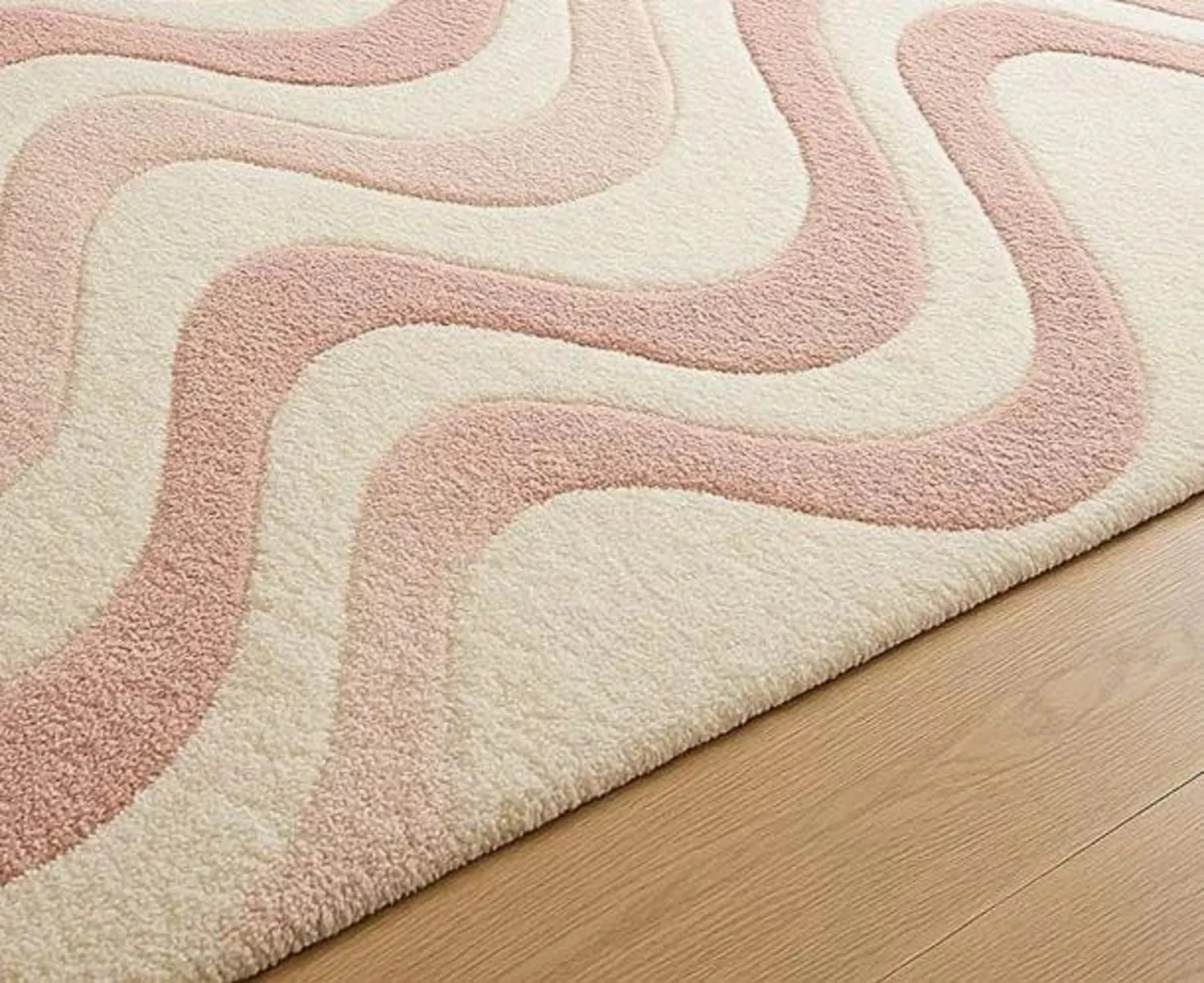 Hand-Tufted Cream and Pink Wavy Pattern Stylish Living Room Area Rug Carpet