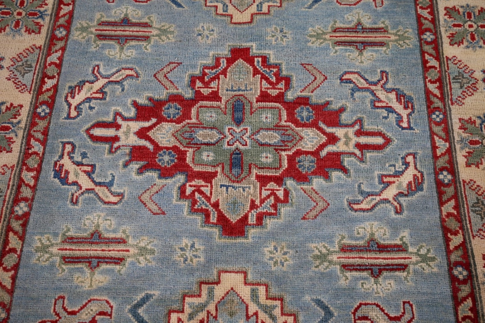 Vibrant Color Geometric Kazak Pakistani Traditional Rug Blue/ Ivory 4×6 ft