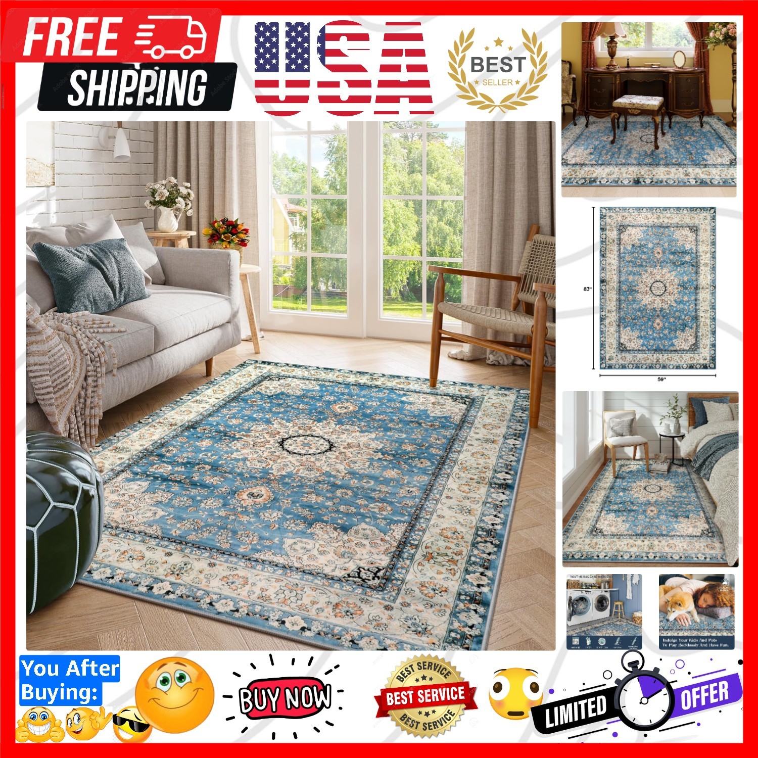 Felice Oriental Floral Medallion Area Rug – 5×7 Large Blue Distressed Living …