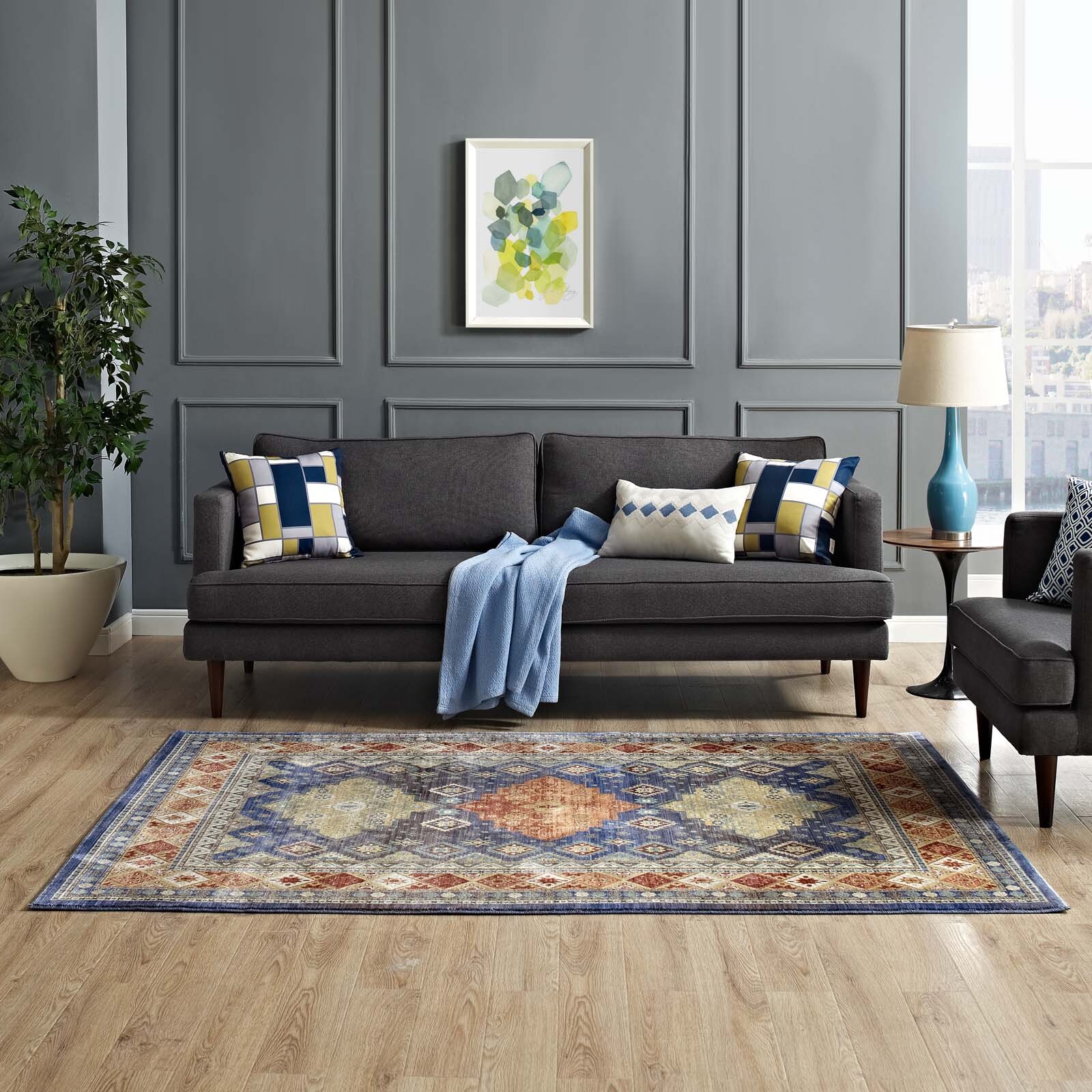 Modway Southwestern Distressed Diamond Floral 5×8 Area Rug in Multicolored