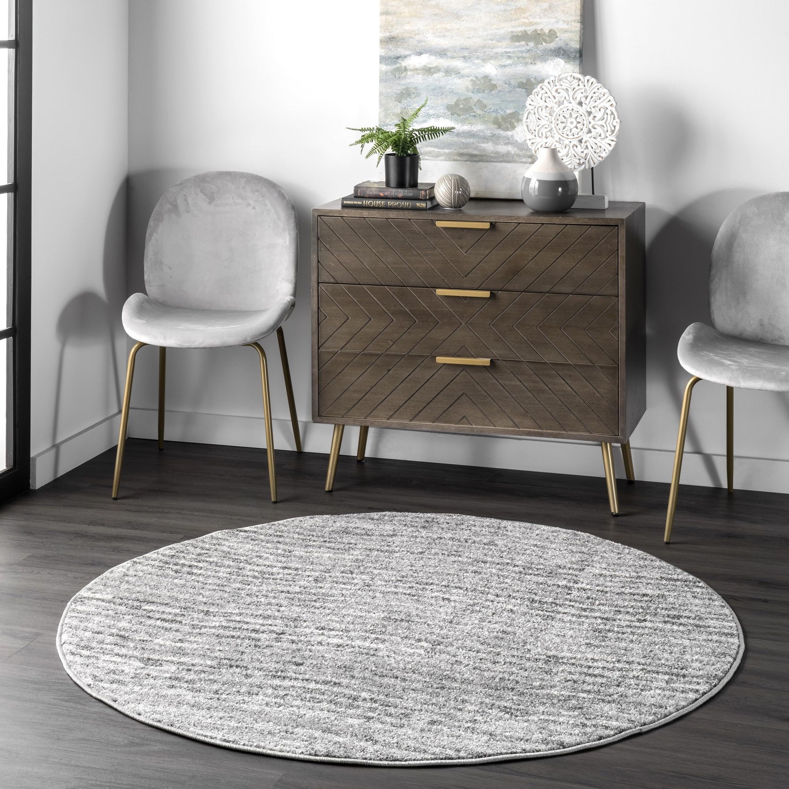 Sherill Grey/Ivory, 4′ Round, Solid, Shaggy, Soft and Cozy, High Traffic, Sta…