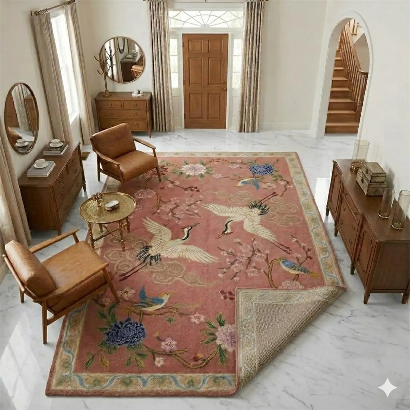 Pink Crane hand Tufted Rug, Chinoiserie Area Rug, Handmade Floral Bird Rug,