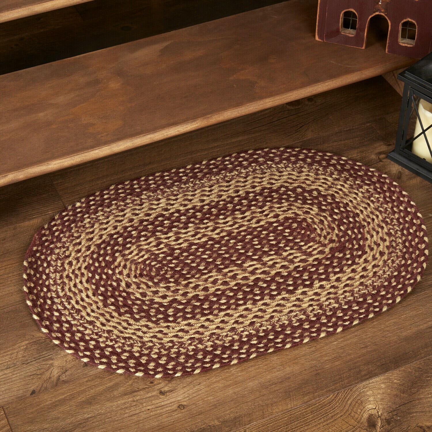 Eco-Friendly Oval Braided Rug Burgundy Tan Country Farmhouse with Non-Slip Pad