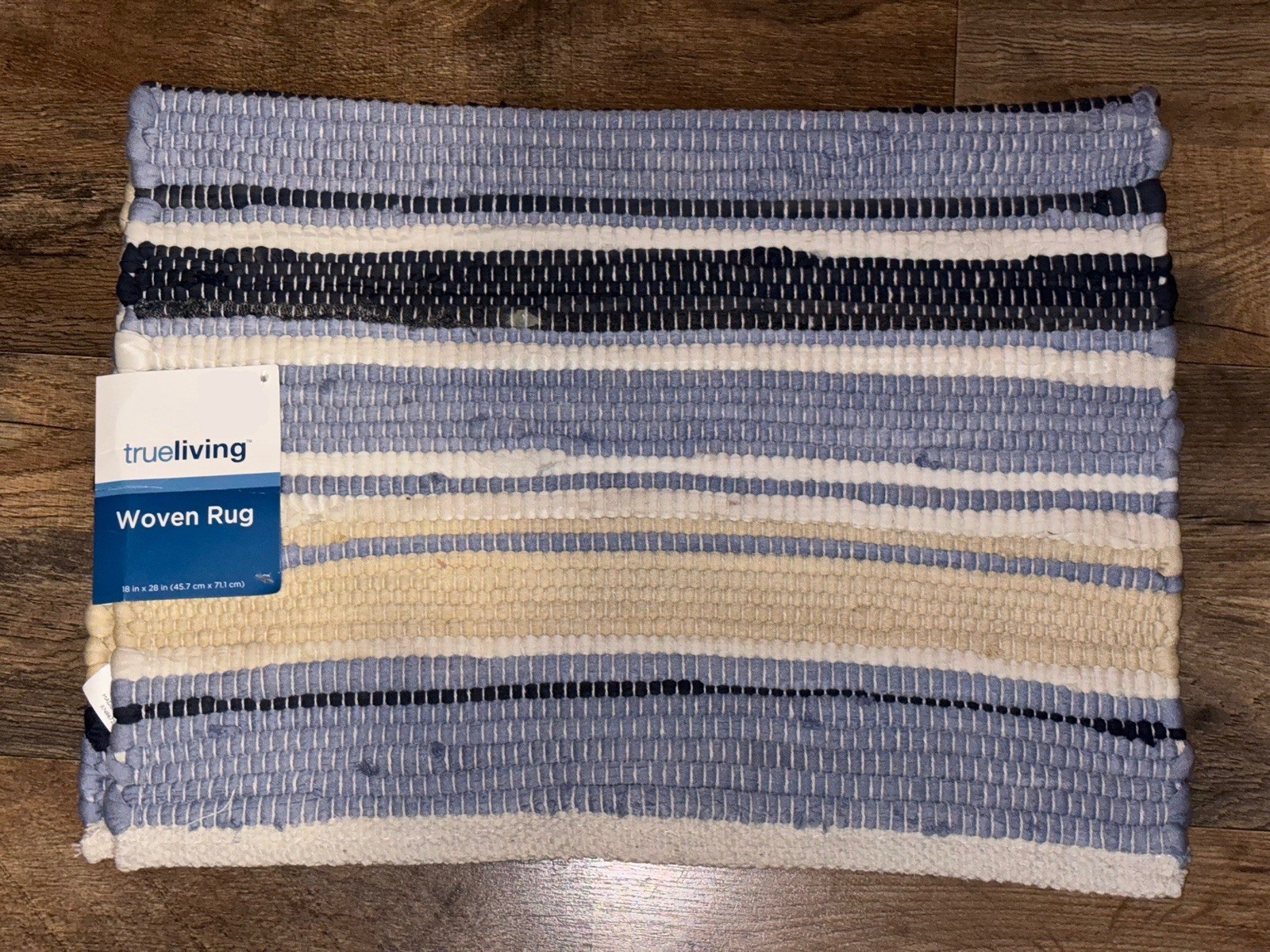 True Living Woven Accent Rug 18×28 Blue Cream Striped Fringe Farmhouse