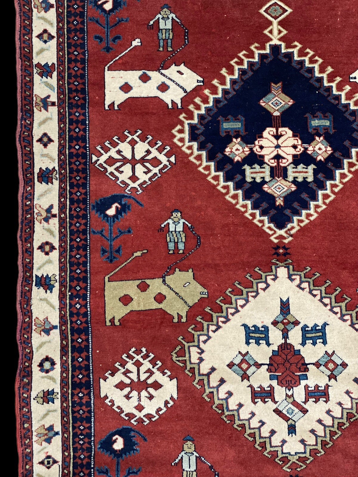 Museum Piece Vintage Animal Man Pictorial Vegetable Dye Kurdi Area Rug Wool 4×6