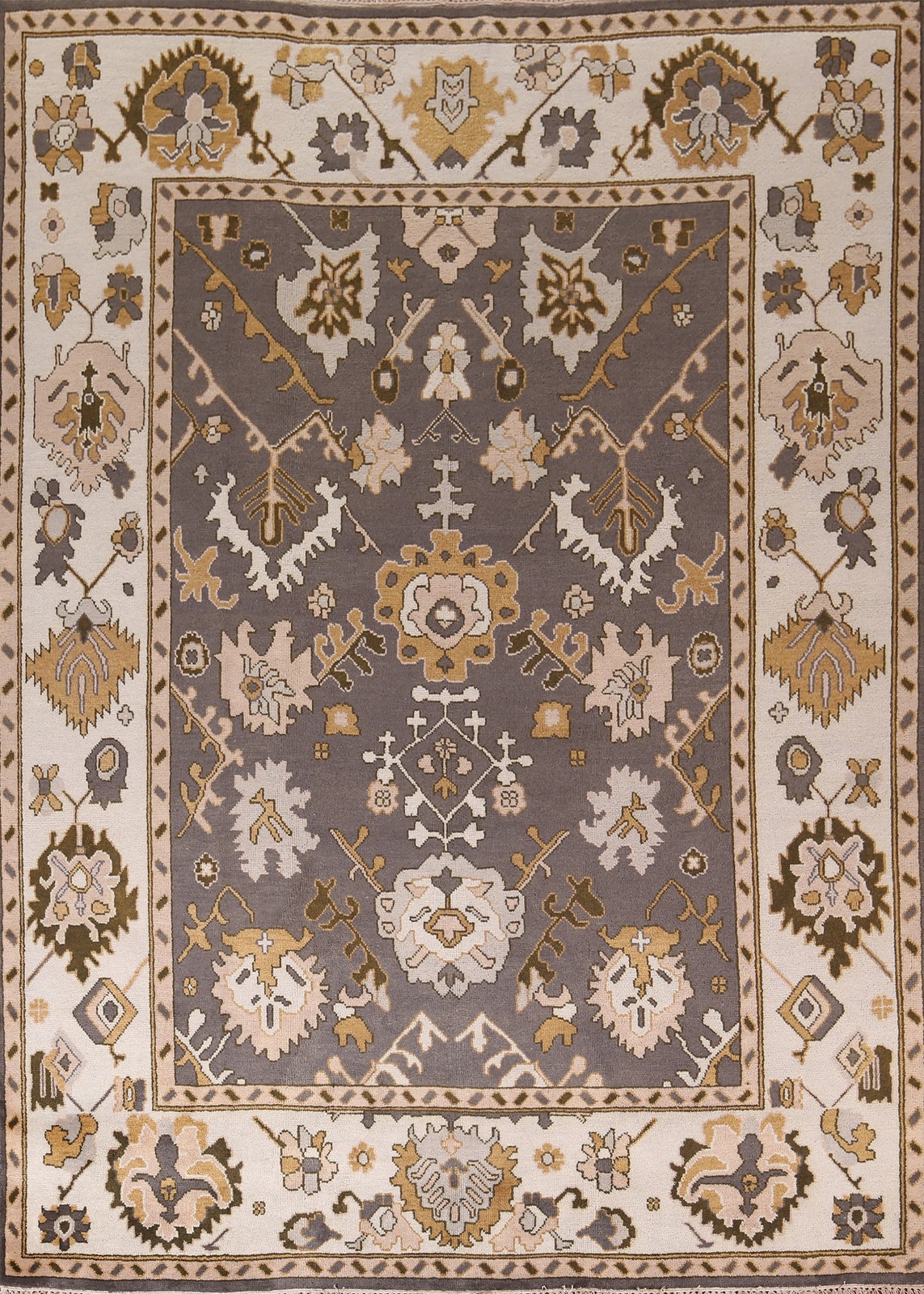 Dark Gray & Ivory Geometric Hand-Knotted Wool Oushak Oriental Area Rug 9×12