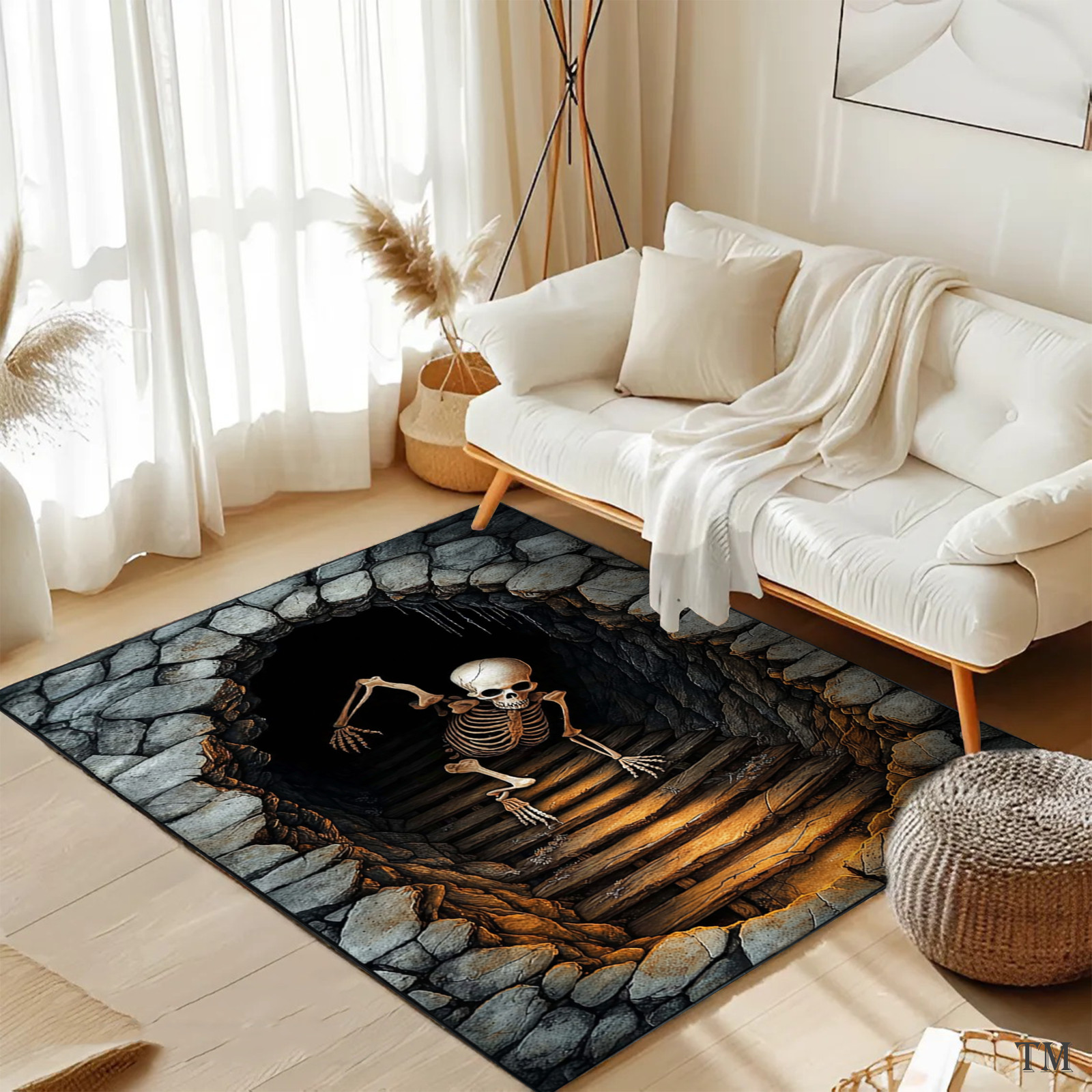 Skeleton Dungeon Optical Illusion Area Rug, Spooky Stone Pit Carpet, Gothic Hall