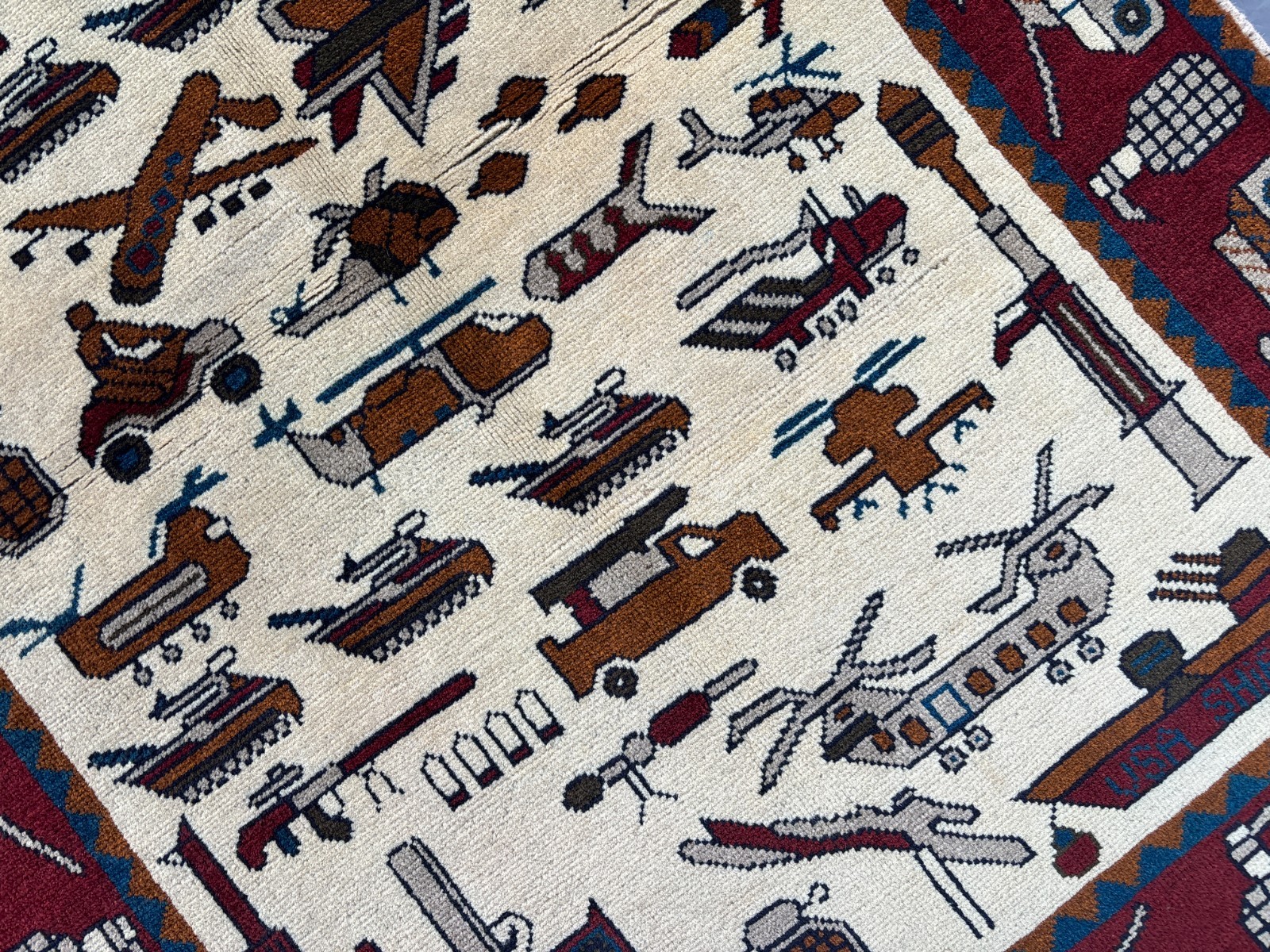 4×5 Afghan Hand-Knotted War Rug – Military Vehicles, Aircraft Weapons Office Rug