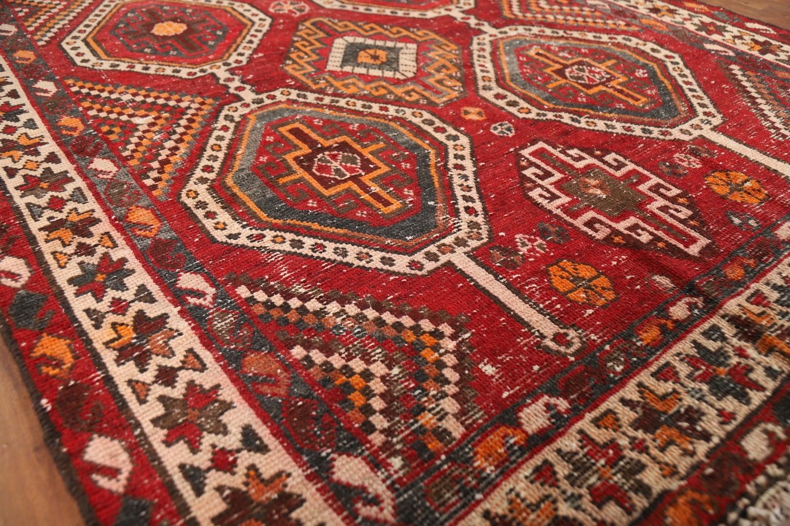 Red Geometric Tribal Area Rug 5×10 Hand-knotted Nomadic Vintage Wool Carpet