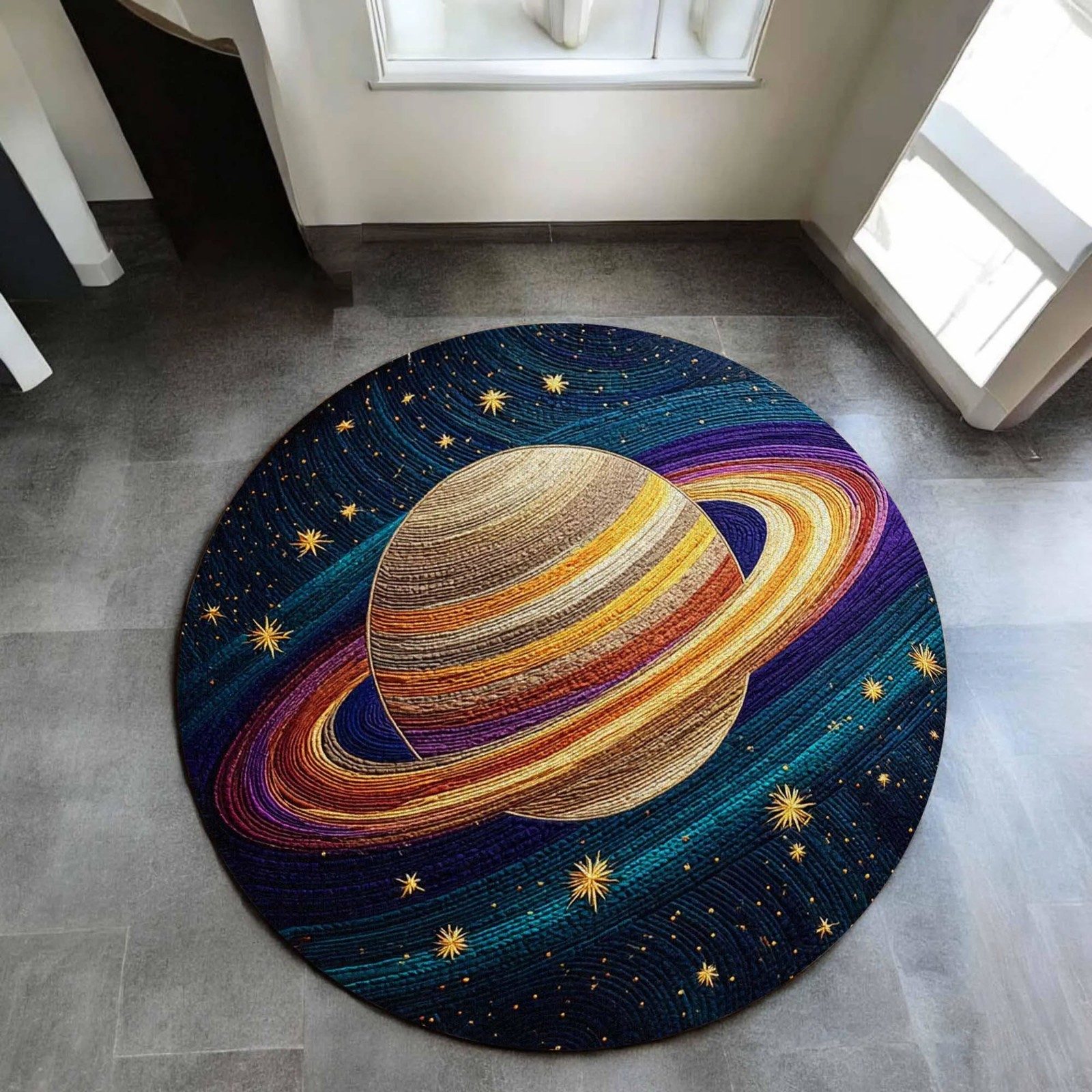 Galaxy Saturn Planet Round Rug Galaxy Space Cosmic Star Floor Rug Astronomy Deco