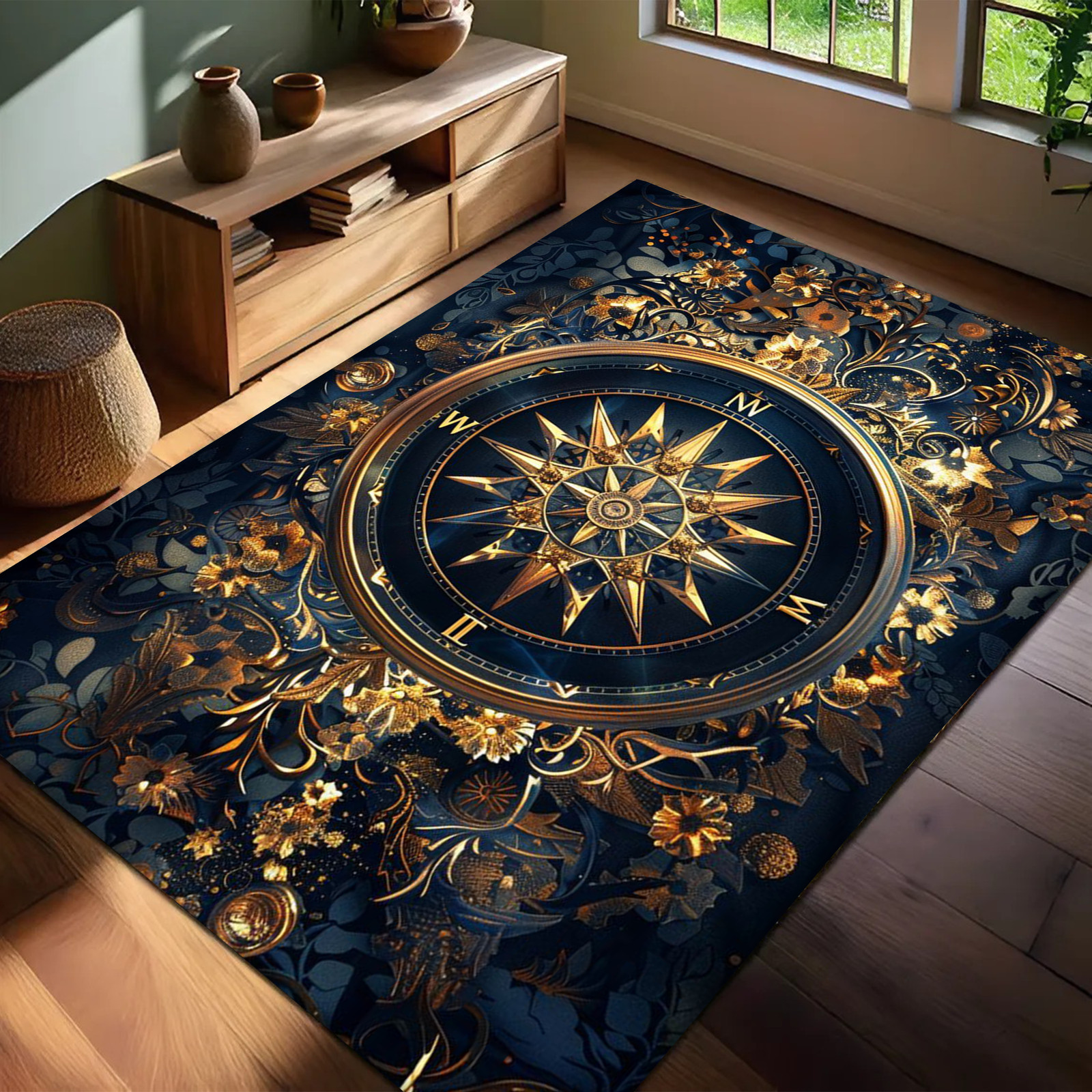 Navy Blue Compass Rose Rug – Gold Floral Nautical Area Carpet