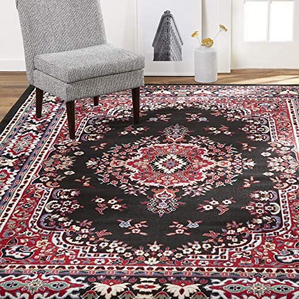 Traditional Medallion Oriental Area Rug Black and Red 21×35 Inches Vintage