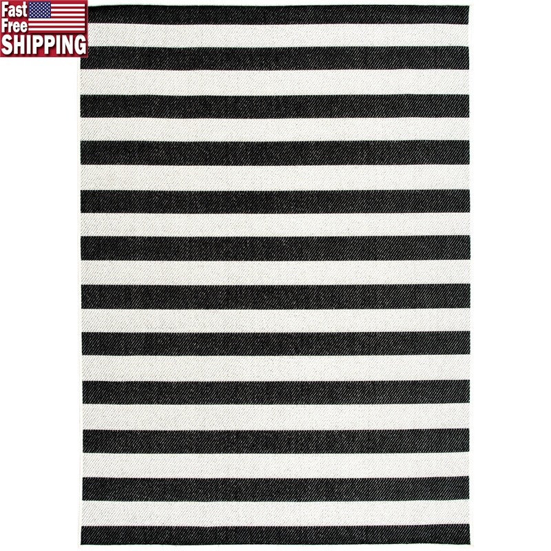 Black White Striped Outdoor Rug Fade Resistant Easy Clean Indoor Outdoor 5×7 New