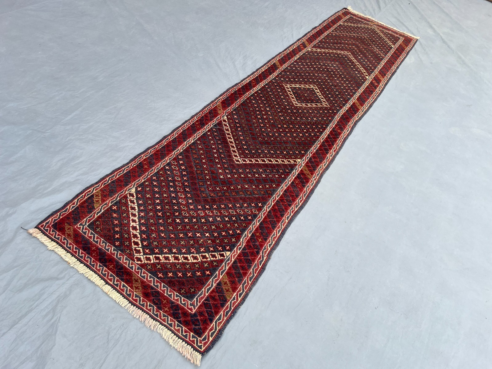 2’1 x 9’2 Ft Classic Afghan Mishwani Runner Rug – Deep Red Geometric Pattern Rug