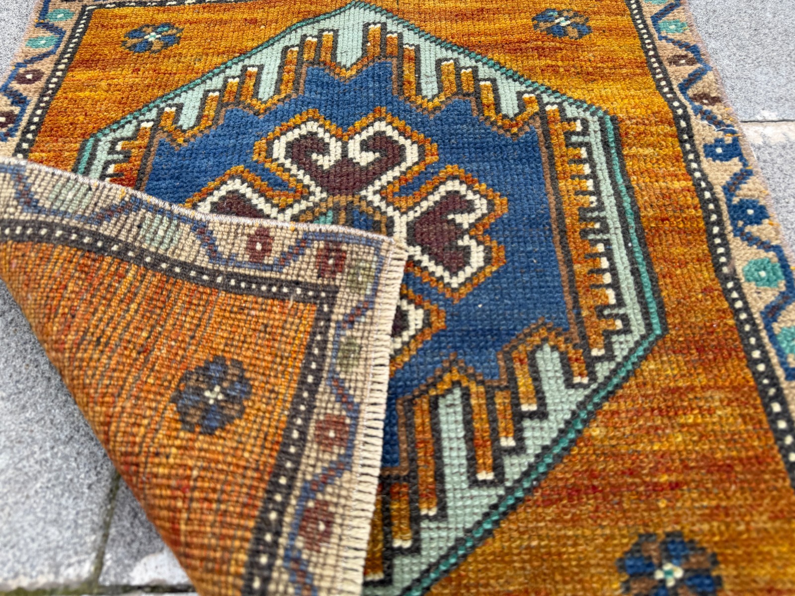 Vintage Oushak Square Rug 1.9×1.9 ft Mustard Orange Turkish Boho Accent Rug