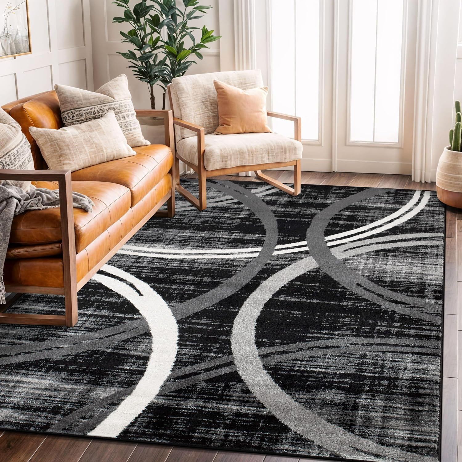 Wavy Circles Design Area Rug, Fade-Resistant Carpet for Living Room, Dining Room