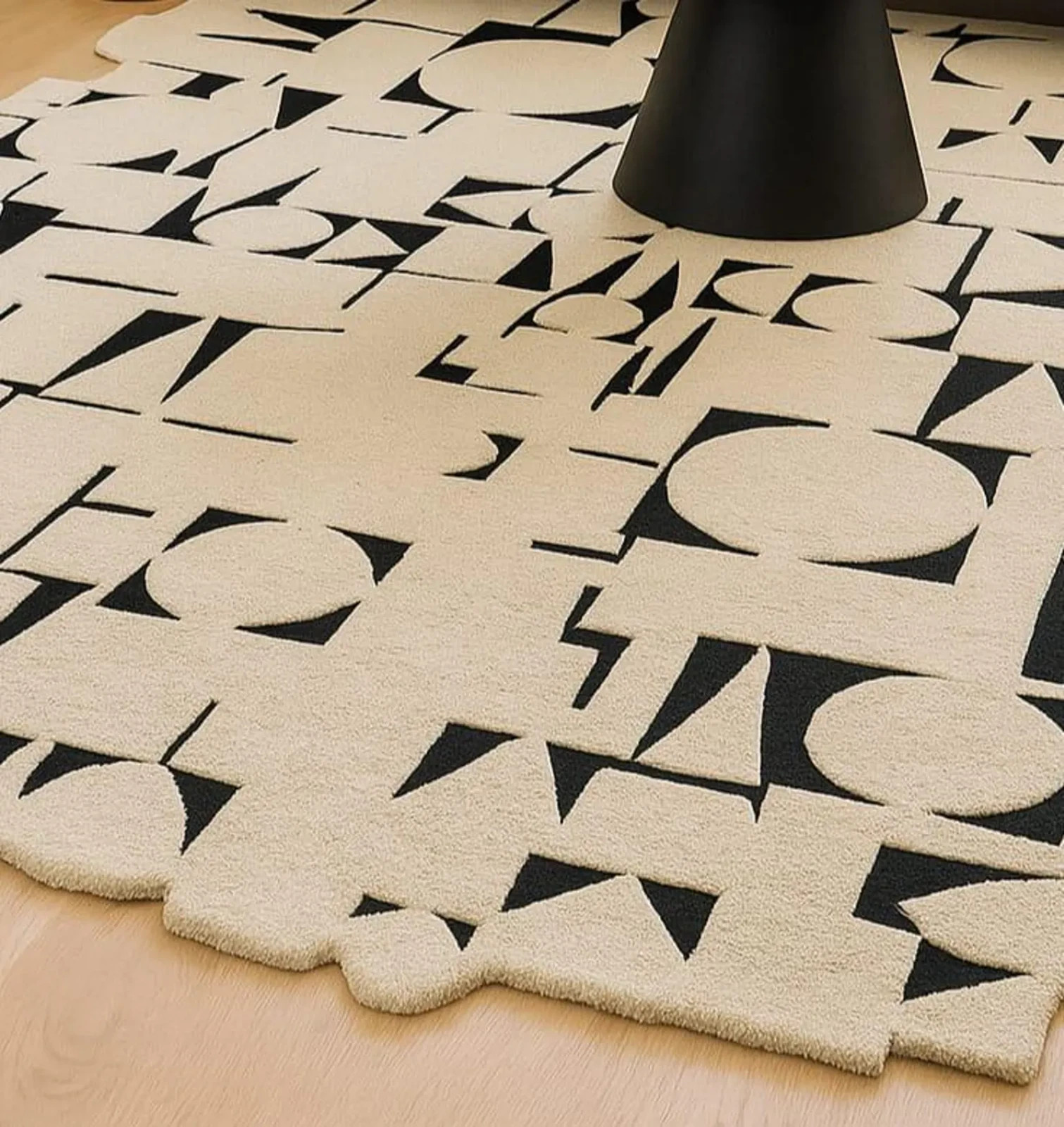 Hand Tufted Wool Rug: Black & Beige Abstract Geometric Design