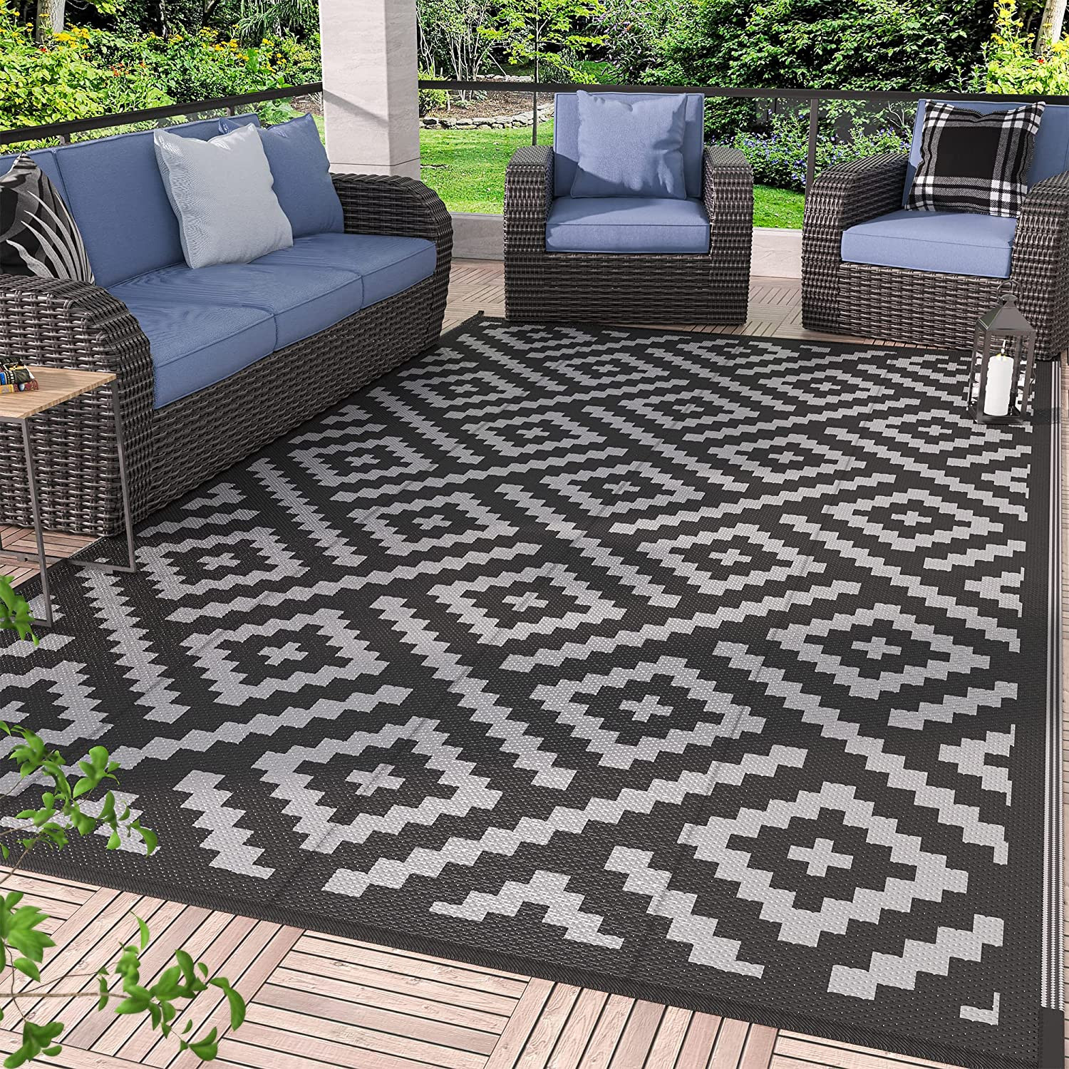 Outdoor Rug, Waterproof Plastic Rugs for Patio, 5’X8′ Black Grey | outside Large