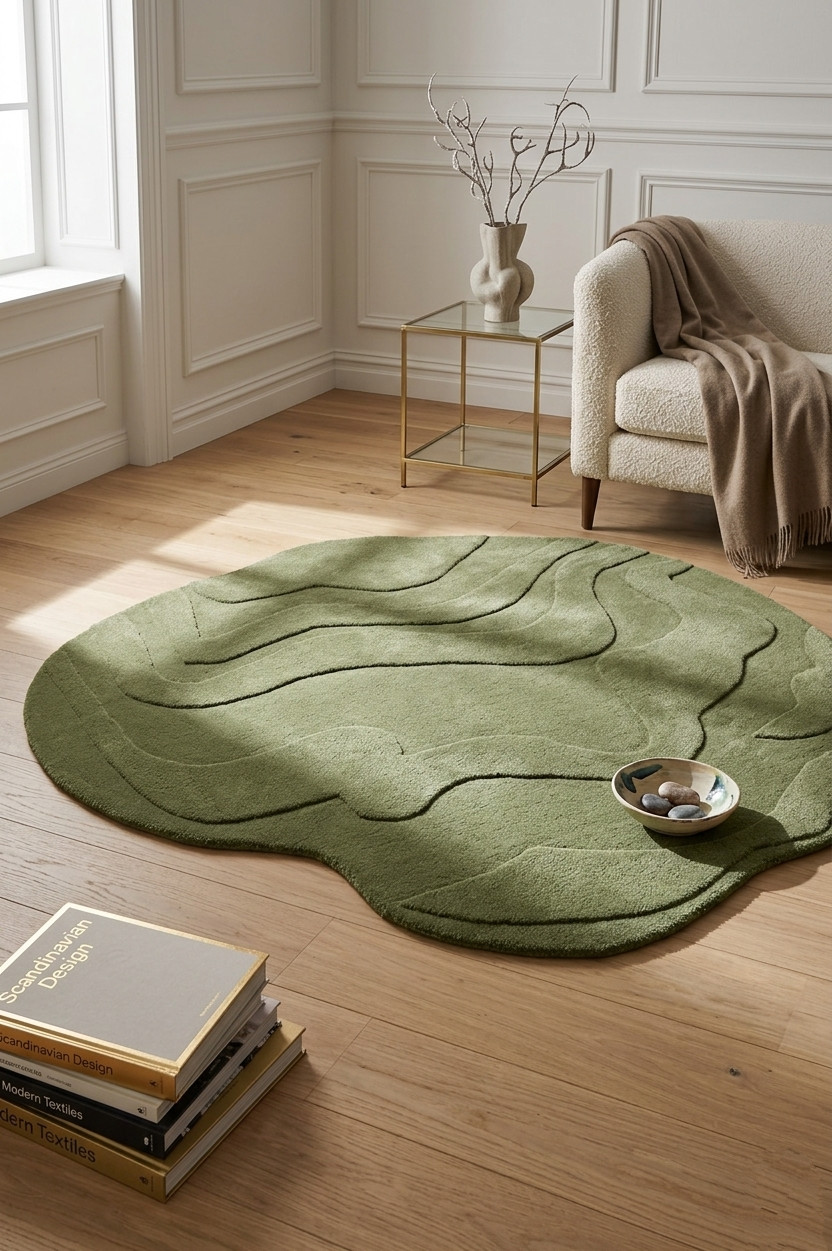 Irregular Green Wool Area Rug Hand Tufted Modern Wave Shape Living Room Carpet