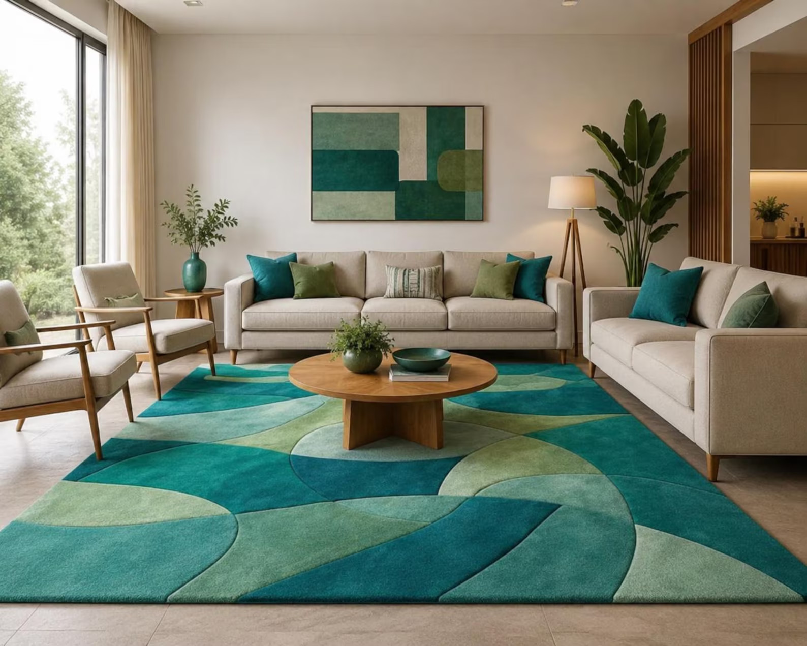 Modern Abstract Hand Tufted Rug, Teal Green Geometric Area Rug, Scandinavian