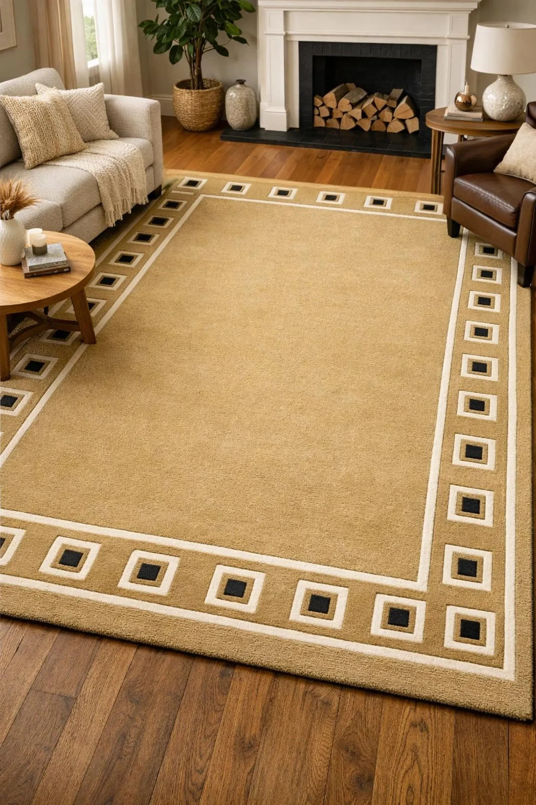 Hand Tufted Wool Area Rug, Beige Geometric Border Rug, Modern Minimalist Carpet