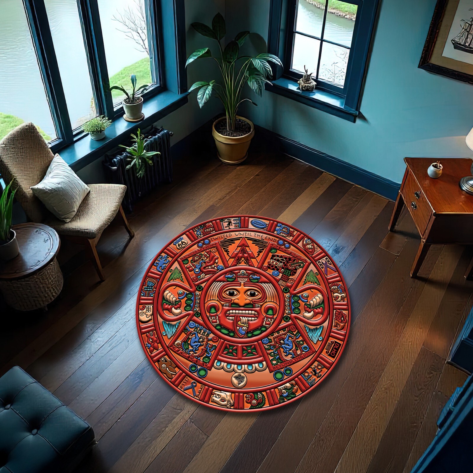 Red Mayan Symbol Rug Round Tribal Mask Carpet with Dancing Figures and Animals