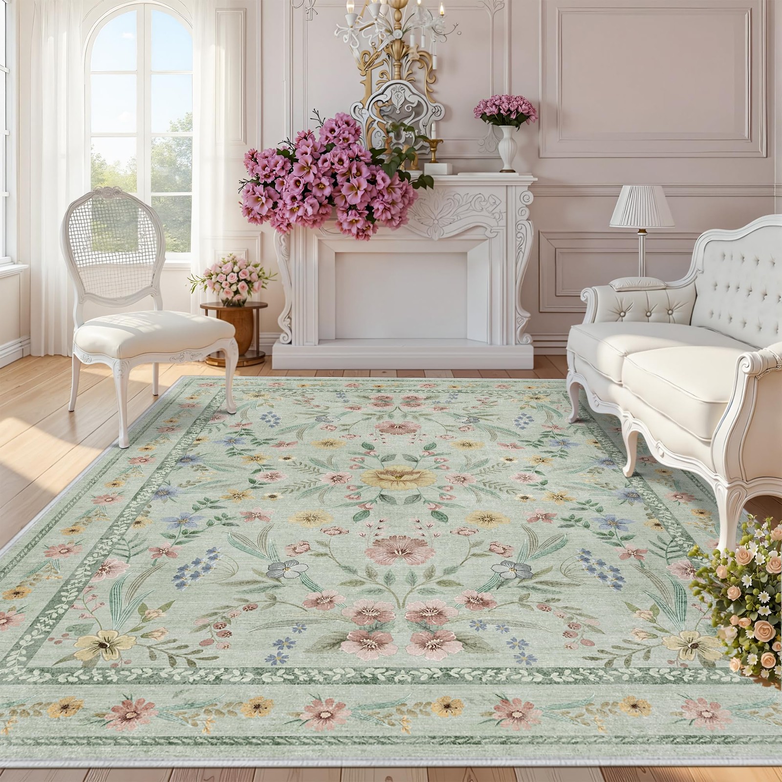 Dadasgk 5×7 Green Floral Botanical Rug Nursery Playroom Kids Room Washable