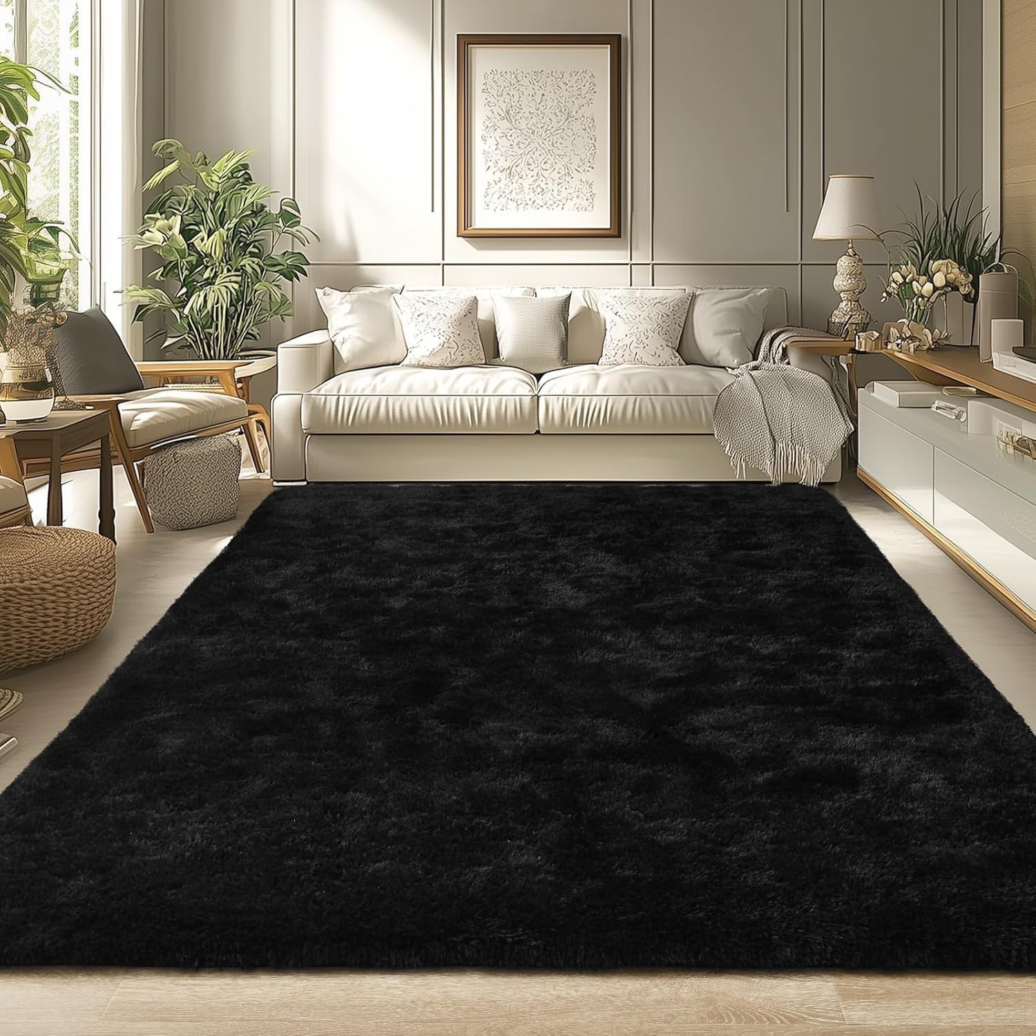 Modern Black Fluffy Area Rug – Cozy Washable Carpet for Bedroom & Nursery