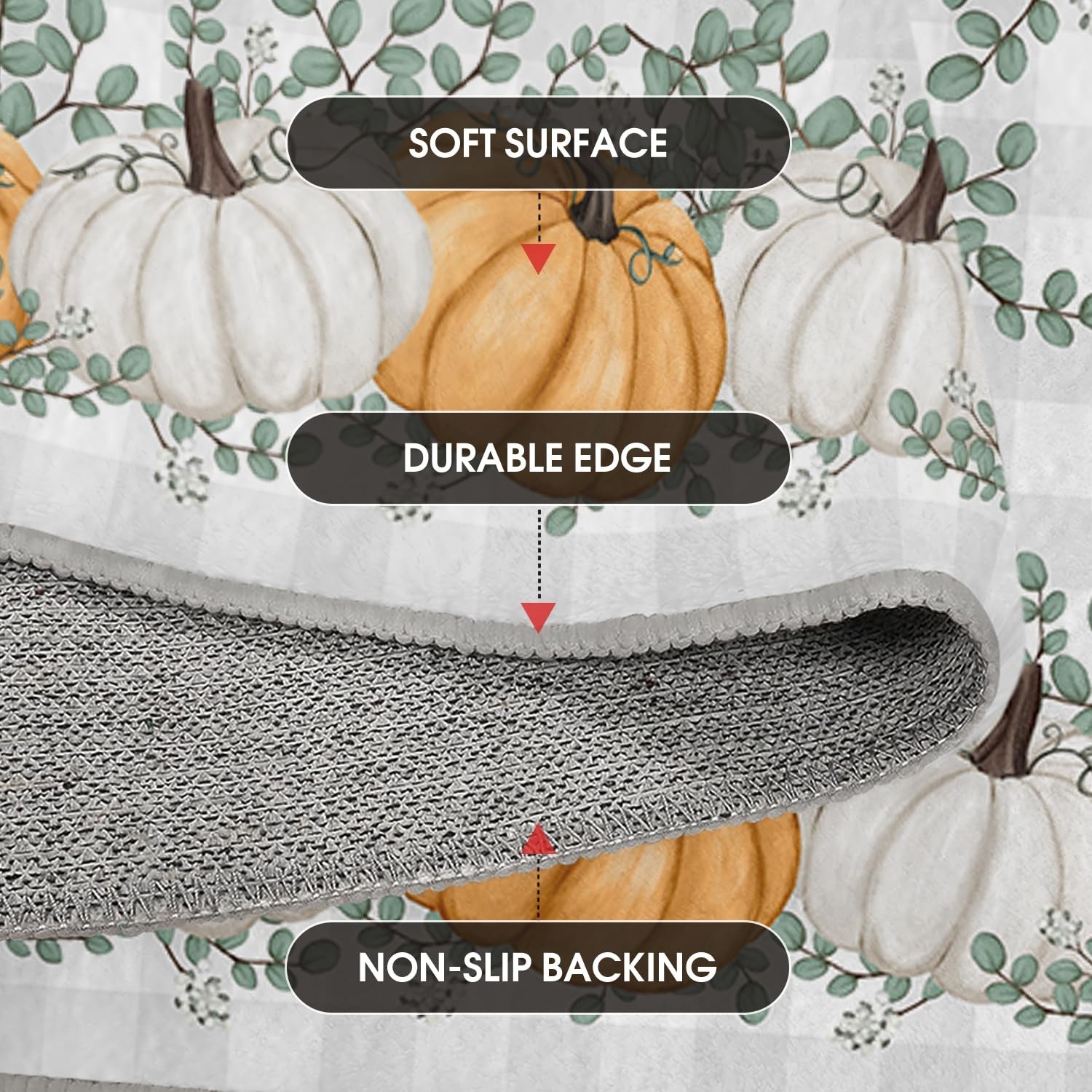Fall Area Rug 2×6 Feet – Orange Pumpkins & Eucalyptus Leaves Design