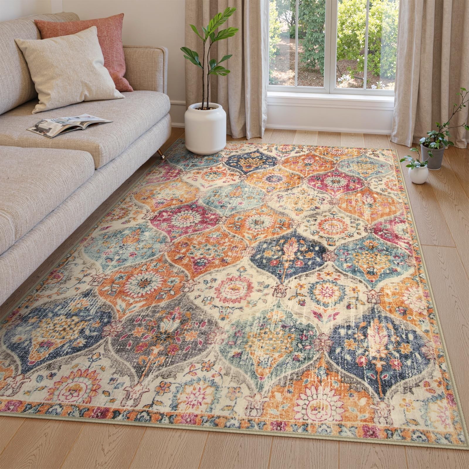 Moroccan Machine Washable Rugs for Living Room, 4×6 Rug for Bedroom Non-Slip …