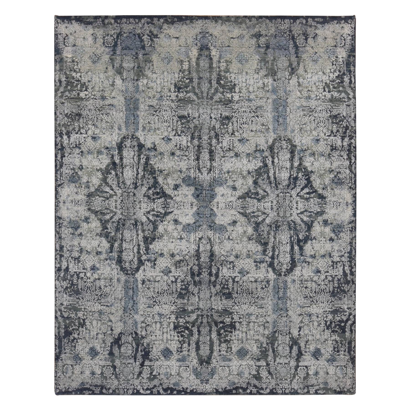 7’10” x 10′ Ash Gray Jewellery Design Wool and Silk Hand Knotted Rug R80838