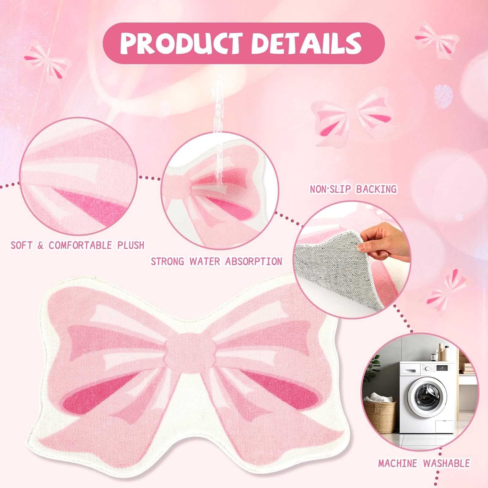Pink Bow Bathmat Rugs Non Slip Coquette Bow Cute Aesthetic Carpet Cute Room D…