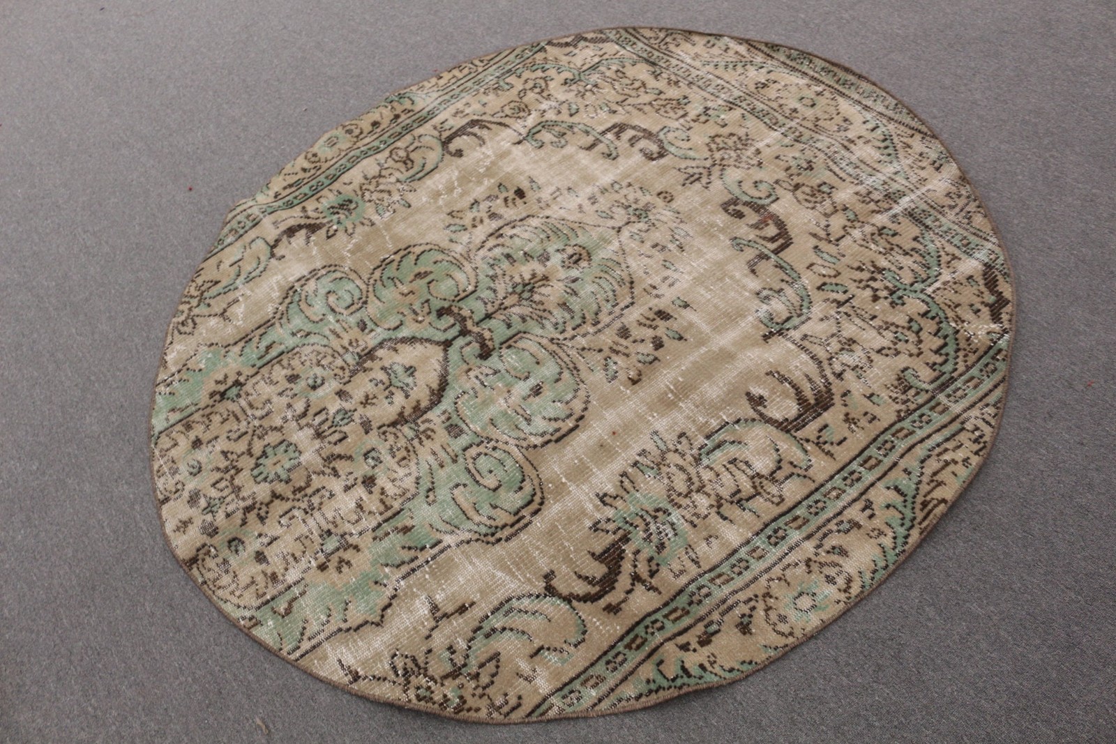 Turkish Rug, 5,6×5,6 ft Round Rug, Green Brown Wool Rug