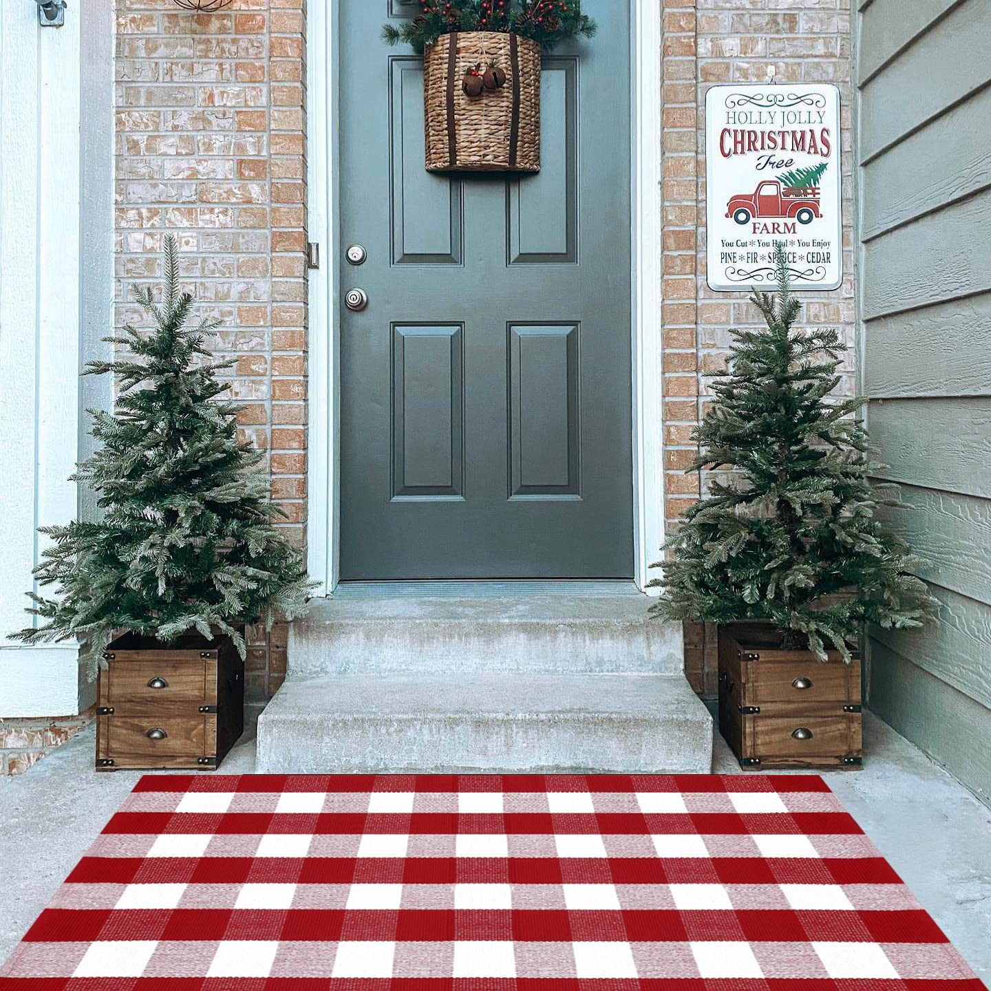 Homydecor Christmas Red And White Plaid Rug 3 X 5 Cotton Hand-Woven Layered