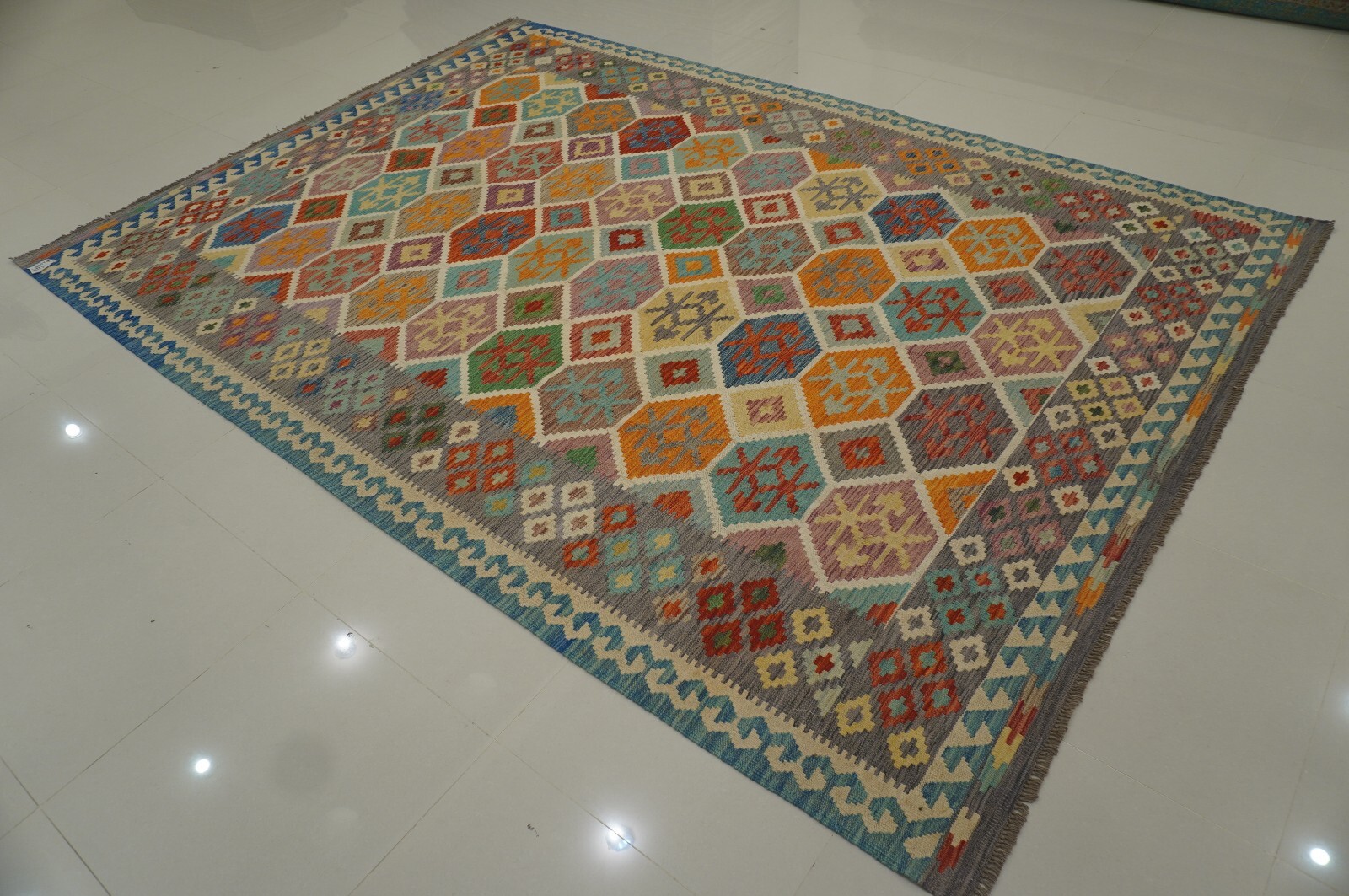 8×11 ft Afghan Beige Hand woven Geometric Veg dyes Wool Kilim Area Rug 8’0x11’3