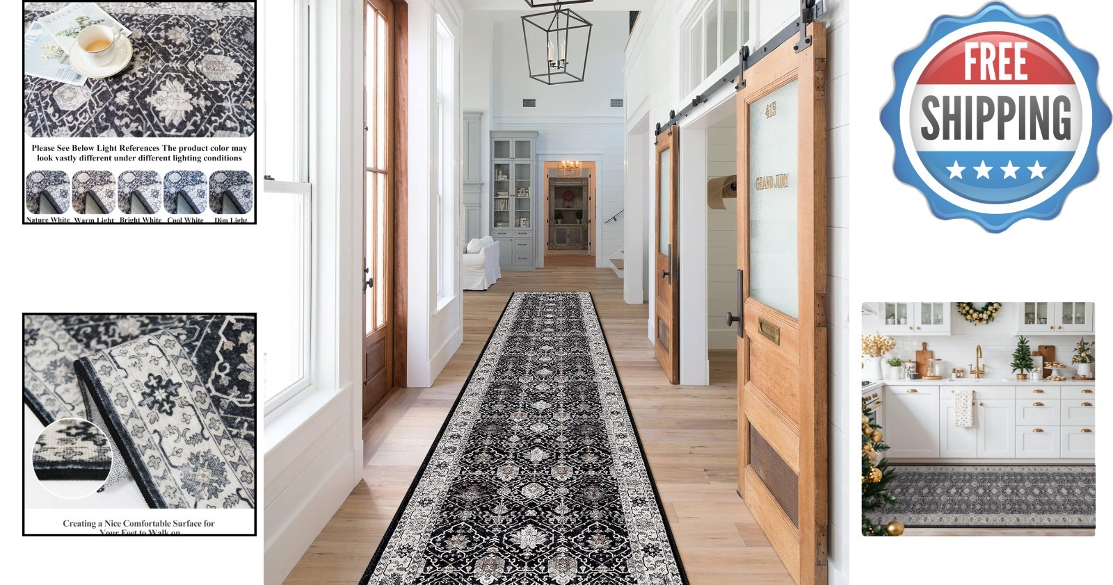 Black Vintage Non-Slip Runner Rug 2×10 – Soft Washable Farmhouse Accent