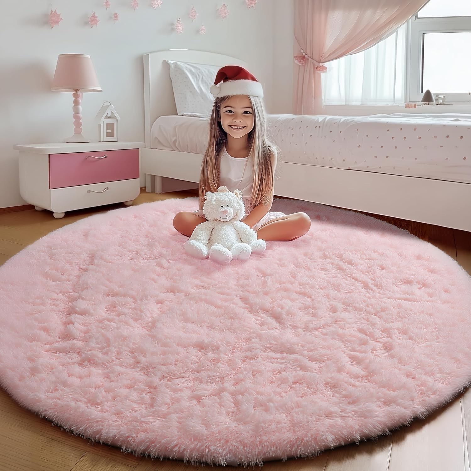 Light Pink Fluffy Round Rugs 4ft for Girls Bedroom, Circle Area Rug for Kids …