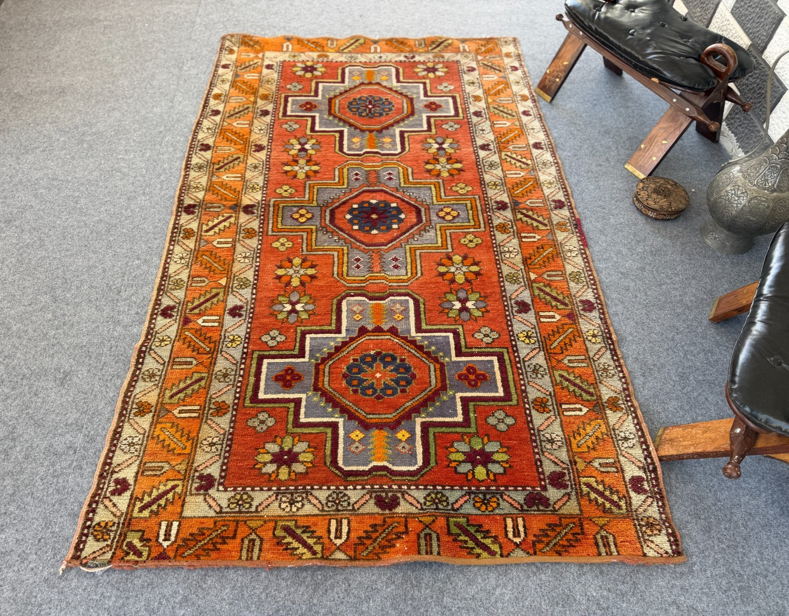 Vintage Caucasian Rug 4×7 Handmade Wool Rug Geometric Tribal Medallion Kazak Rug