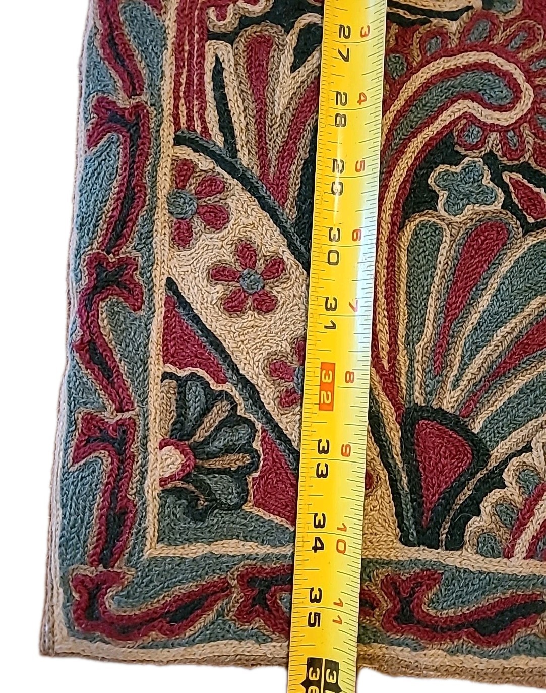 Hand Embroidered Chain Stitch Wool Rug Crewel 36×23 Cotton Backed Floral/Paisley