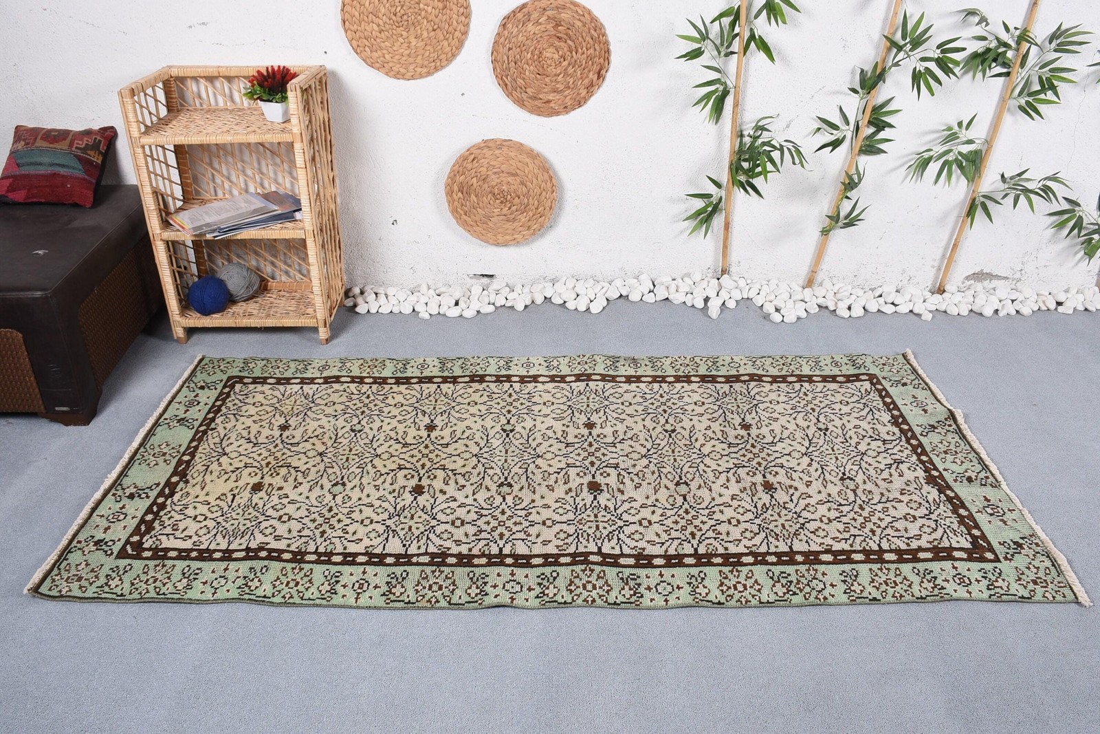 Turkish Vintage Area Rug 3,4×7,3 ft, Beige Green Camouflage Rug