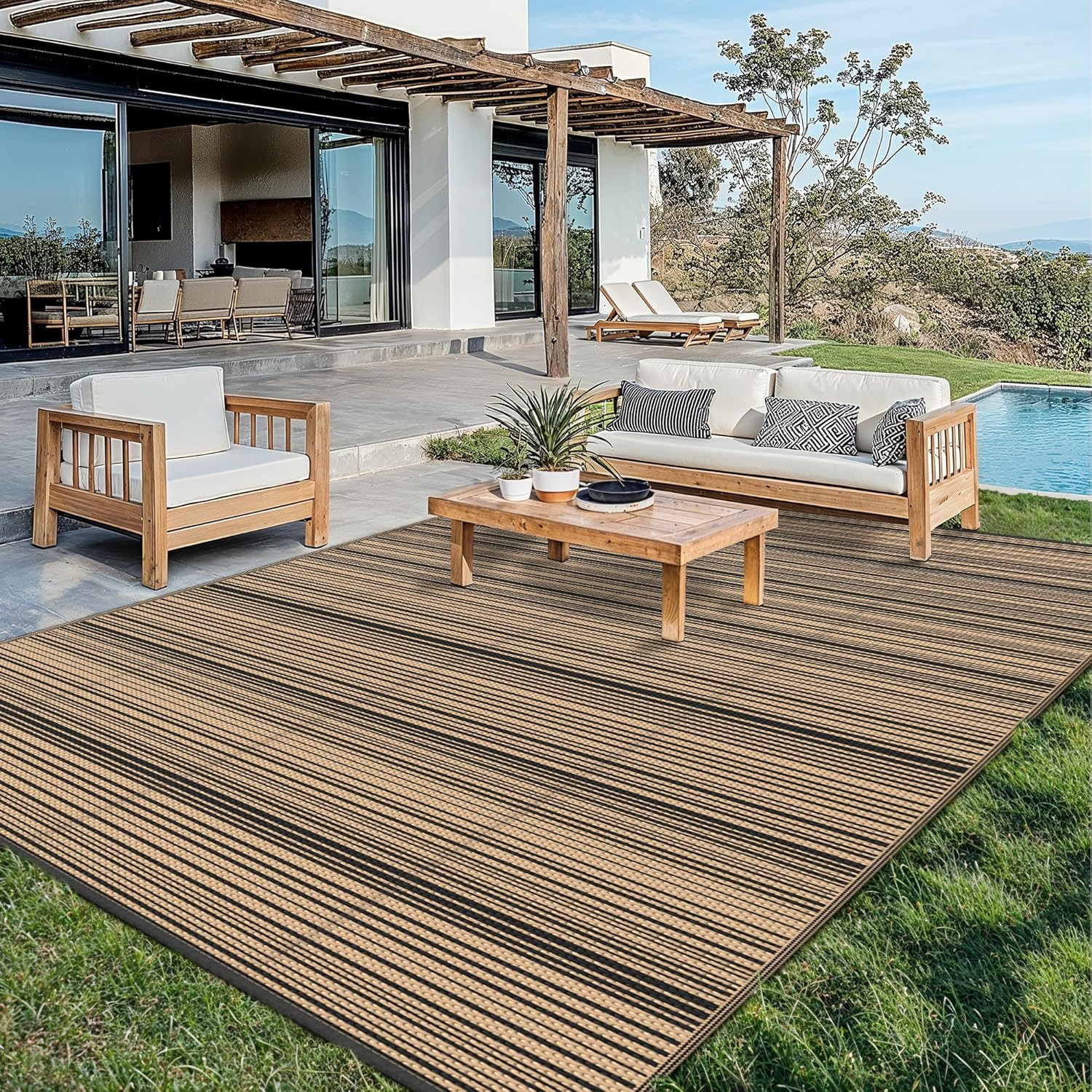 Outdoor Rug 10X14 Ft Waterproof, Reversible Plastic Straw Patio Rug