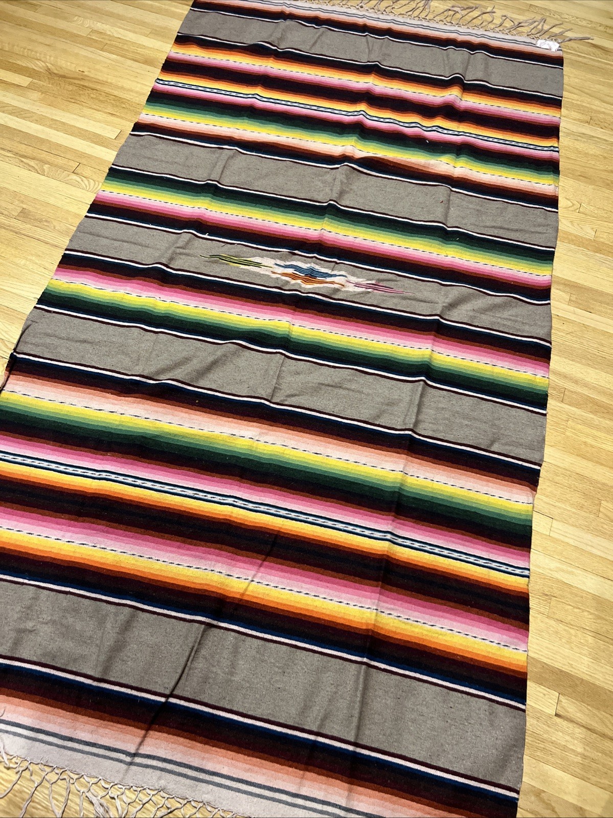 VTG Mexican Saltillo Serape Weaving Textile Blanket Rug Warm Tone 84″x 46″
