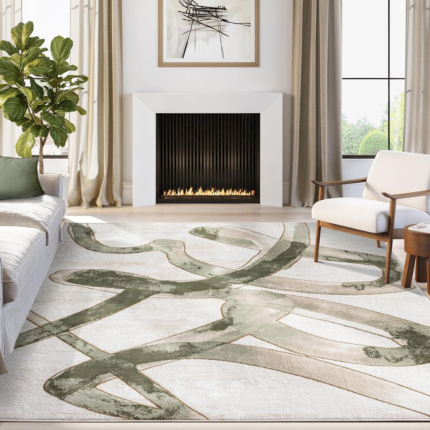 Abani Beige Cream Green Graffiti Washable Area Rug – 6′ X 9′ – Abstract Artistic