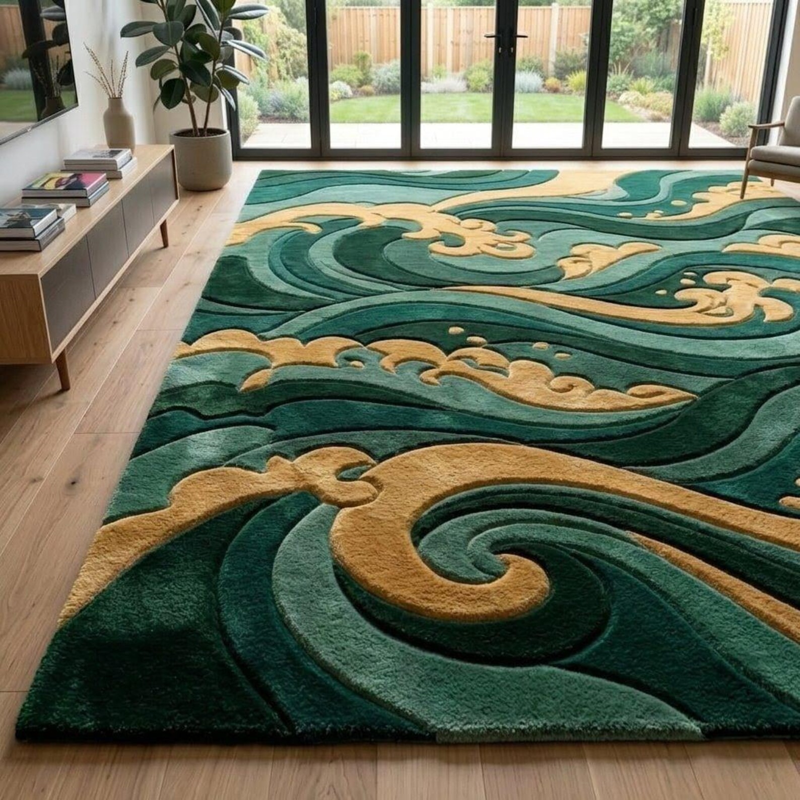 Hand Tufted Wave Rug, 3D Textured Emerald Green Wool Rug Large Area Rug