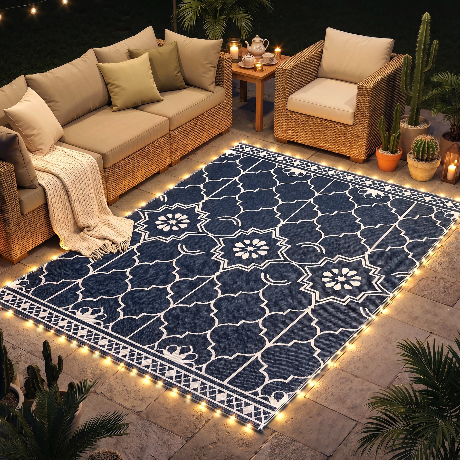 Outsunny Reversible Outdoor Rug Carpet with LED Lights, PP Straw Rug