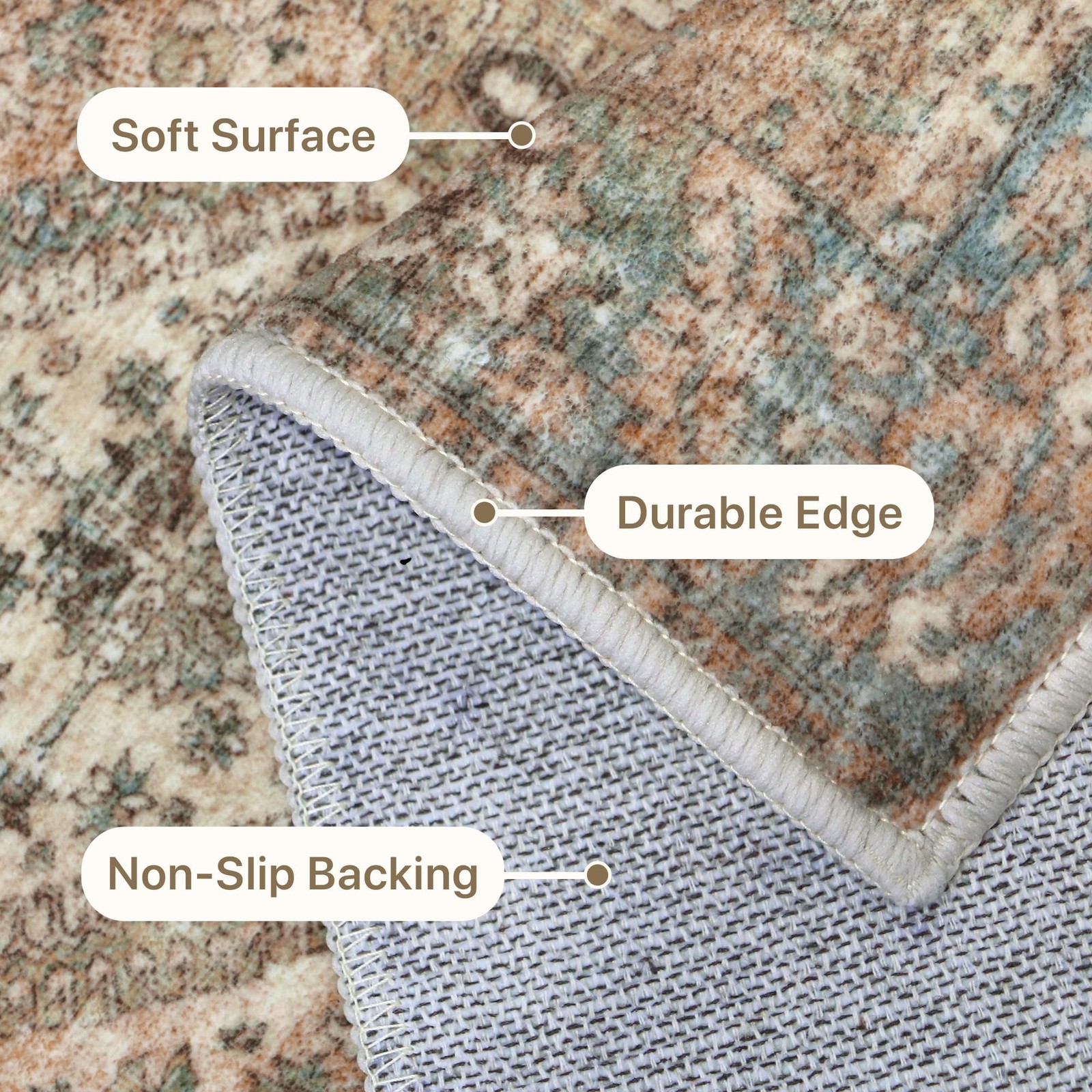 8×10 Area Rug 4mm Low Pile Machine Washable Non Slip Vintage Chenille – Cozy