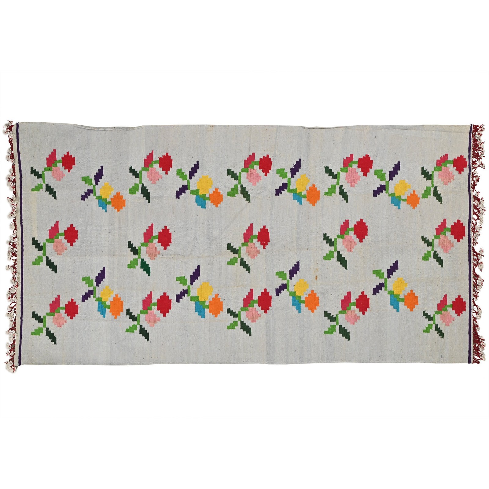 Beige Floral Art Punjabi Dhurrie Rug 3.0″x6.9″ Ft Handwoven Cotton Kilim Rug